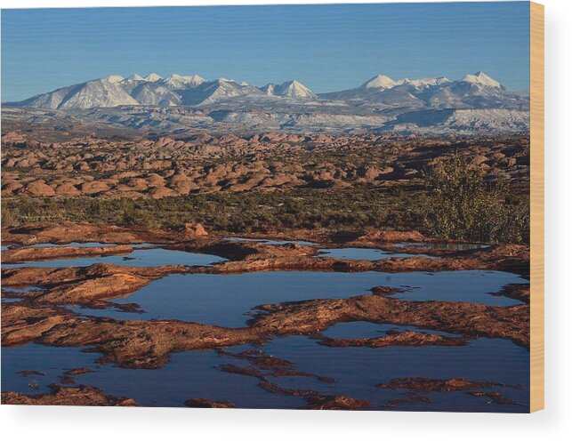 Polholes Wood Print featuring the photograph La Sal Mountains and Ephemeral Pools by Tranquil Light Photography