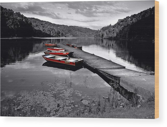 Black And White Wood Print featuring the photograph Lake and Boats by Lisa Lambert-Shank