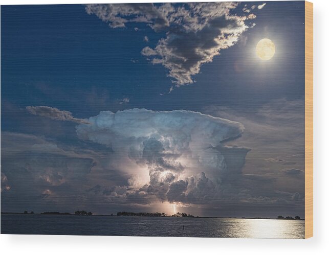 Storm Wood Print featuring the photograph Lake Lightning Striking Thunderstorm Cell and Full Moon by James BO Insogna