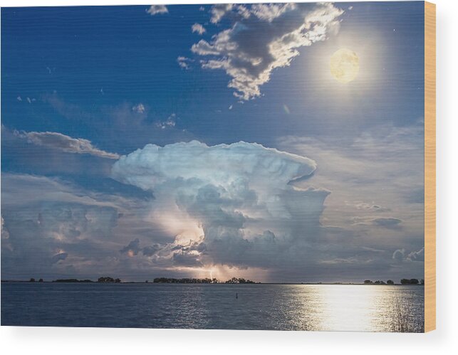 Storm Wood Print featuring the photograph Lake Lightning Thunderstorm Cell and Moon by James BO Insogna