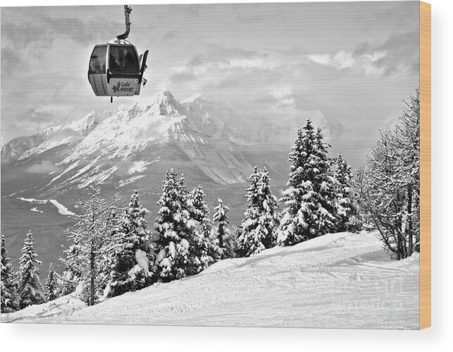 Lake Louise Wood Print featuring the photograph Lake Louise Gondola Over The Snow Ghosts Black And White by Adam Jewell