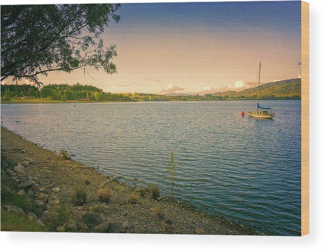 Joan Carroll Wood Print featuring the photograph Lake Te Anau New Zealand Morning by Joan Carroll