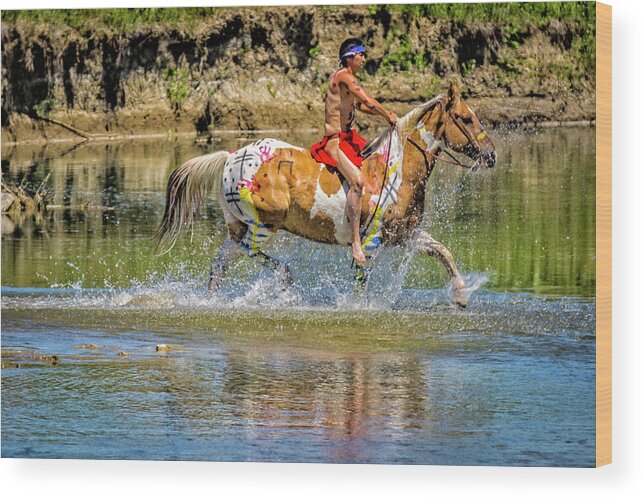 Little Bighorn Re-enactment Wood Print featuring the photograph Lakota Warrior Crossing Little Bighorn River by Donald Pash