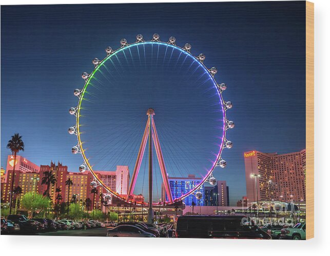 High Roller Las Vegas Wood Print featuring the photograph Las Vegas High Roller at Dusk Rainbow Colors 2 by Aloha Art