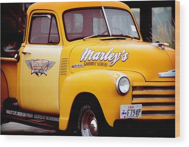 Lemon Yellow Wood Print featuring the photograph Lemon Yellow Marley's Gourmet Sliders Truck by Colleen Cornelius