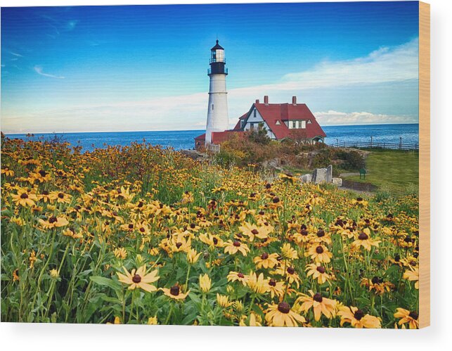Portland Wood Print featuring the photograph Portland, Maine LightHouse Flowers by John Daly