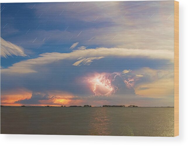 Storm Wood Print featuring the photograph Lightning at Sunset with Star Trails by James BO Insogna