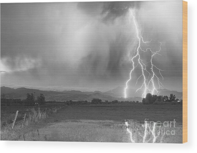 Lightning Wood Print featuring the photograph Lightning Bolts Striking Longs Peak Foothills 6BW by James BO Insogna