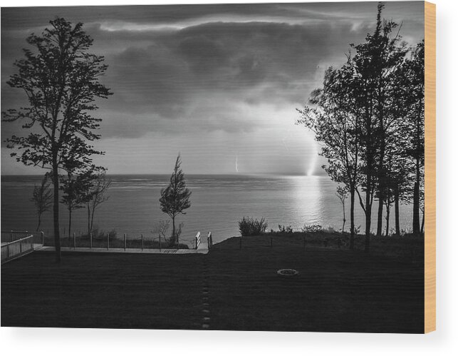 Landscapes Wood Print featuring the photograph Lightning on Lake Michigan at Night in BW by Mary Lee Dereske