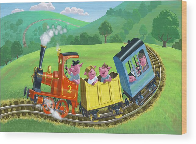 Animal Wood Print featuring the painting Little Happy Pigs On Train Journey by Martin Davey