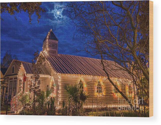 Village Church Wood Print featuring the photograph Little Village Church with Star from Heaven Above the Steeple by Bonnie Barry