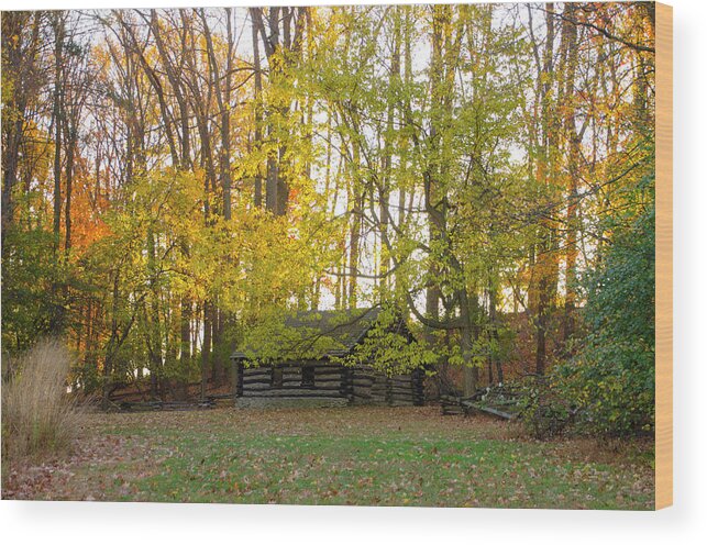 Log Wood Print featuring the photograph Log Cabin in Valley Forge - Autumn by Bill Cannon