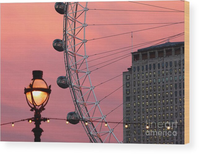 London Eye Wood Print featuring the photograph London Eye and Shell Centre Building at Sunset by James Brunker