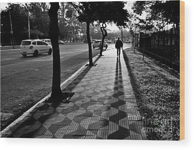 Sidewalk Wood Print featuring the photograph Lonely Man Walking at Dusk in Sao Paulo by Carlos Alkmin