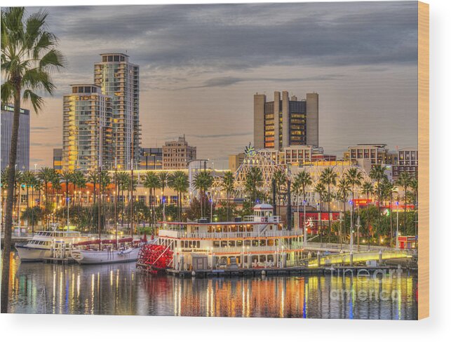 Shoreline Village Wood Print featuring the photograph Long Beach Cityscape Sunset by David Zanzinger