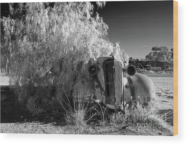 Broken Hill Nsw New South Wales Australian Old Car Pepper Tree Monochrome Mono B&w Black And White Wood Print featuring the photograph Long Term Parking by Bill Robinson