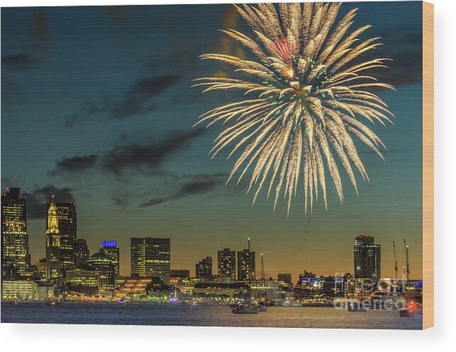 Holiday Wood Print featuring the photograph Long Wharf Boston Fireworks by Mike Ste Marie
