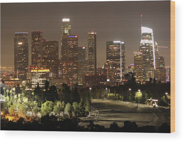 Los Angeles Wood Print featuring the photograph Los Angeles Skyline Nighttime 4 by Helaine Cummins