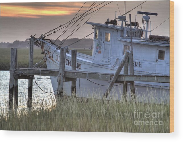 Lowcountry Wood Print featuring the photograph Lowcountry Shrimp Boat Sunset by Dustin K Ryan