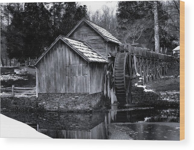 Mill Wood Print featuring the photograph Mabry Mill BW light snow by Steve Hurt