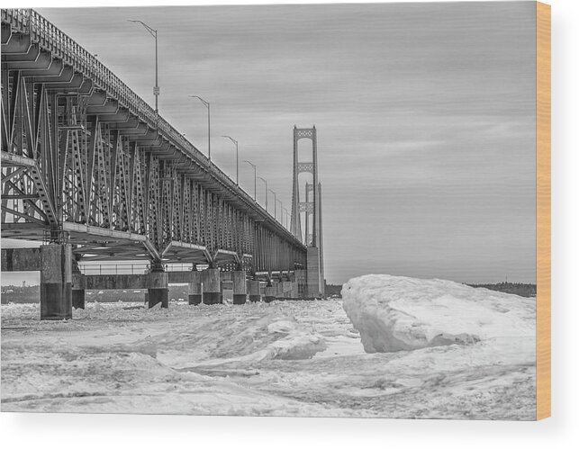 John Mcgraw Wood Print featuring the photograph Mackinac Bridge Icy Black and White by John McGraw