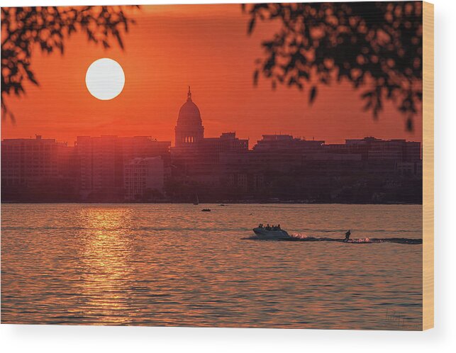 Madison Wi Sunset Monona Lake Monona Boating Fishing Capitol State Capitol Water Horizontal Landscape Scenic Silhouette Skyline Water Skiing Skiing Wood Print featuring the photograph Madison Sunset over Lake Monona #2 by Peter Herman