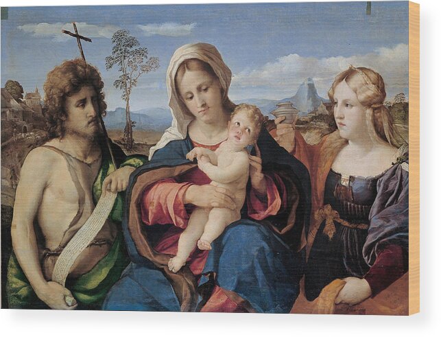 Palma Vecchio Wood Print featuring the painting Madonna and Child with Saint John the Baptist and Magdalene by Palma Vecchio