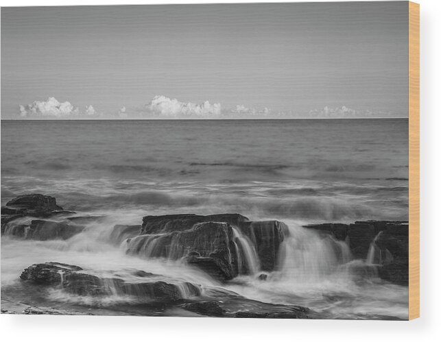 Maine Wood Print featuring the photograph Maine Rocky Atlantic Coast Crashing Waves and Clouds in Black and White by Ranjay Mitra