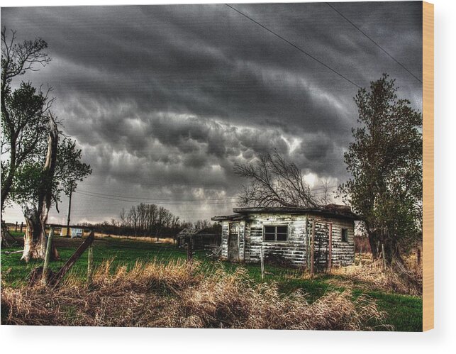 Old Buildings Old Shack Old Homestead Farming Farm Land Ranch House Trees Old Trees Mamantas Clouds Stormy Weather Overcast Kitchen Stove Shed Shack Homestead Ruins Wood Print featuring the photograph Mamantus cloud storm by David Matthews