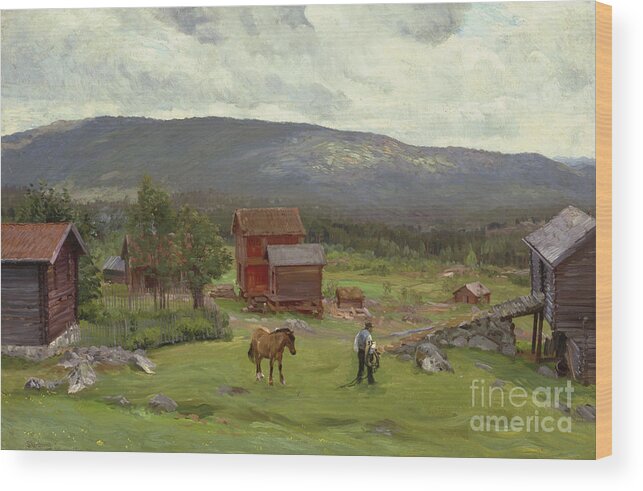 Christian Skredsvig Wood Print featuring the painting Man at the pasture, Hiaasen June by O Vaering