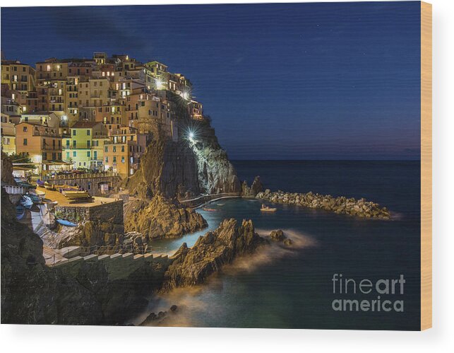 Cinque Terre Wood Print featuring the photograph Manarola at Night by Jennifer Ludlum