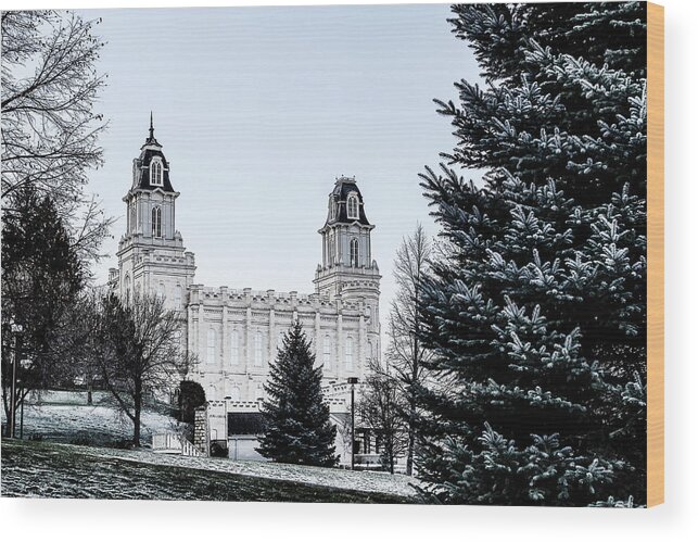 Blue Sky Wood Print featuring the digital art Manti Temple on Thanksgiving Morning - Stylized by K Bradley Washburn