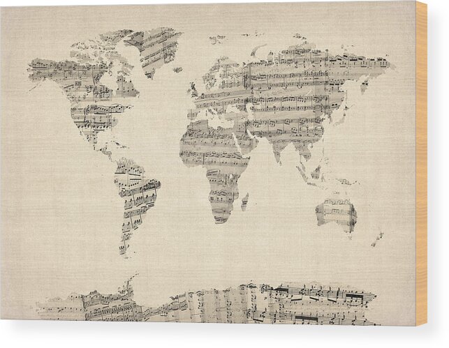 World Map Wood Print featuring the digital art Map of the World Map from Old Sheet Music by Michael Tompsett