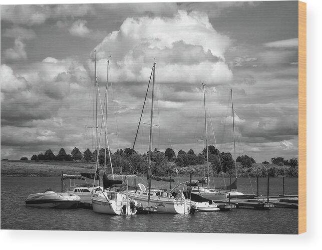 Boats Wood Print featuring the photograph Marina - Branched Oak Lake - Black and White by Nikolyn McDonald