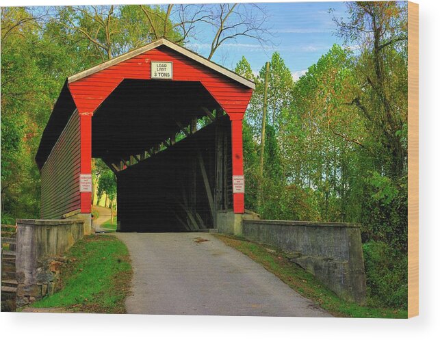 Foxcatcher Farms Covered Bridge Wood Print featuring the photograph MD Covered Bridges - Foxcatcher Farms Covered Bridge Over Big Elk Creek No. 2A - Cecil County by Michael Mazaika