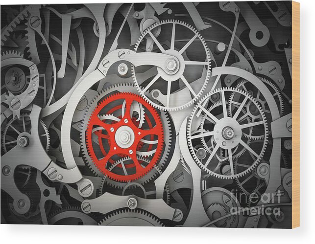Clockwork Wood Print featuring the photograph Mechanism, clockwork with one different, red cogwheel. by Michal Bednarek
