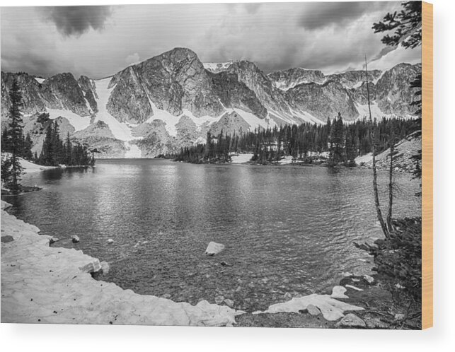 Black White Wood Print featuring the photograph Medicine Bow Lake View in Black and White by James BO Insogna