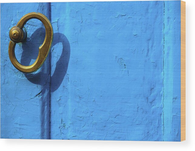 Minimal Wood Print featuring the photograph Metal Knob Blue Door by Prakash Ghai