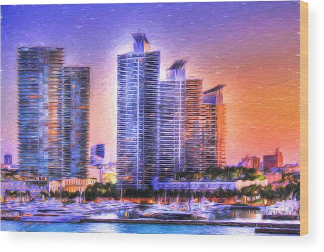 Sun Wood Print featuring the photograph Miami Skyline Sunrise by Shelley Neff