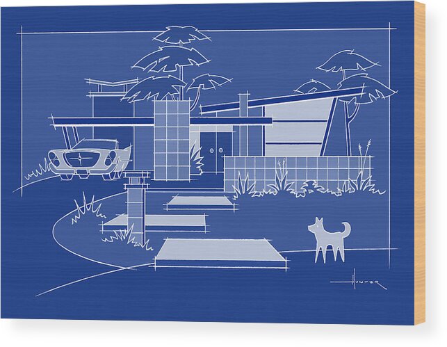 Mid-century Modern Wood Print featuring the digital art Mid-century blueprint, Chrysler with White Dog by Larry Hunter