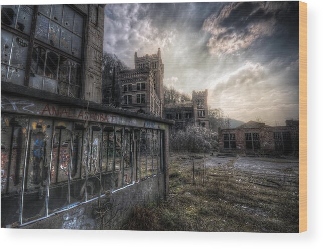Urbex Wood Print featuring the digital art Mine sunset by Nathan Wright