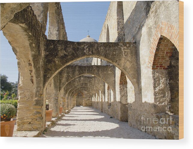Arched Path Wood Print featuring the photograph Mission San Jose y San Miguel de Aguayo. Path. by Elena Perelman