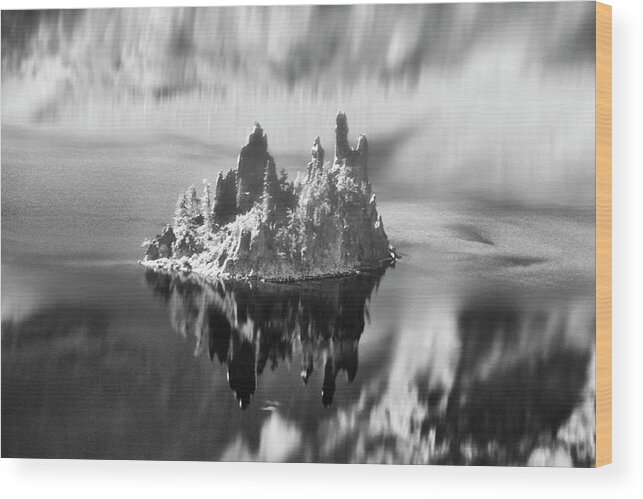 Crater Lake Wood Print featuring the photograph Misty Phantom Ship Island Crater Lake B W by Frank Wilson