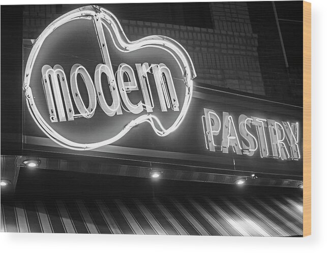 Modern Wood Print featuring the photograph Modern Pastry Shop Boston MA North End Hanover Street Neon Sign Black and White by Toby McGuire