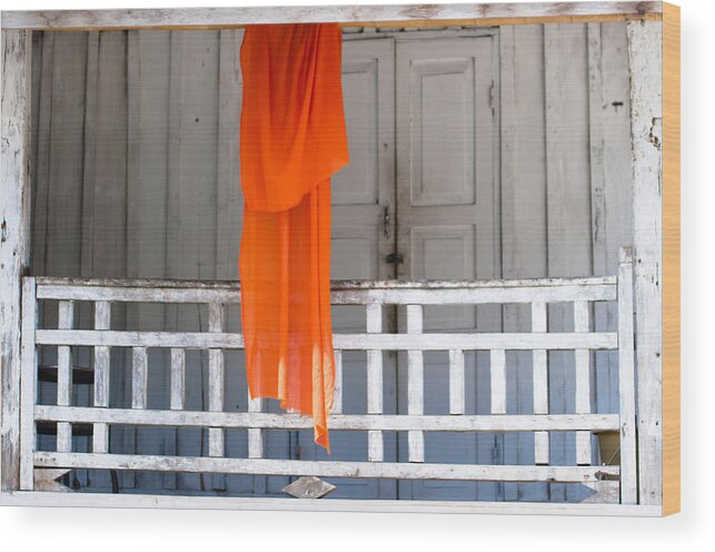 Alms Wood Print featuring the photograph Monk's robe hanging out to dry, Luang Prabang, Laos by Neil Alexander Photography