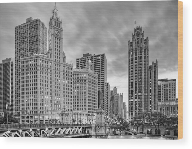 City Wood Print featuring the photograph Monochrome Wrigley and Chicago Tribune Buildings - Michigan Avenue Dusable Bridge Chicago Illinois by Silvio Ligutti