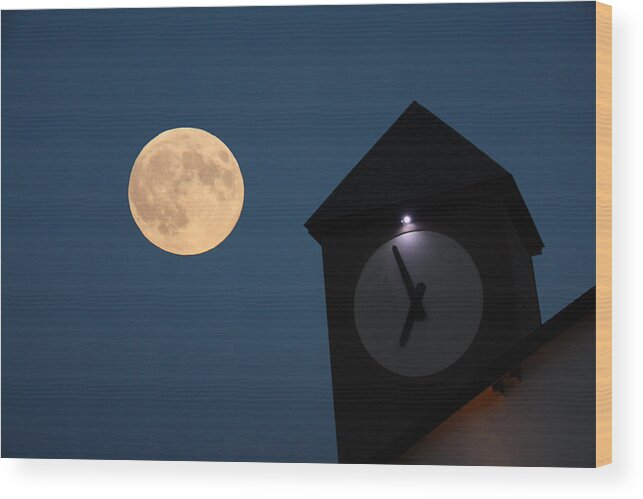 Moon Wood Print featuring the photograph Moon and Clock Tower by Pat Moore