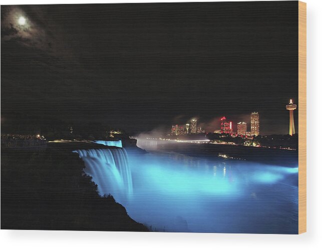Niagara Wood Print featuring the photograph Moon Over Blue Niagara by Gene Walls