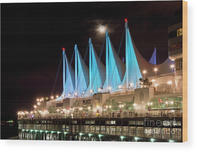 Canada Place Wood Print featuring the photograph Moon over Canada Place in Vancouver by Maria Janicki