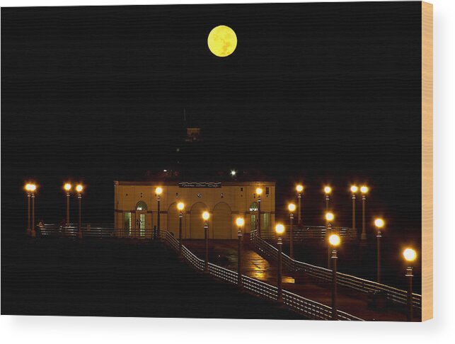 Manhattan Beach Pier Wood Print featuring the photograph Moon Over Manhattan Beach Pier by Val Jolley
